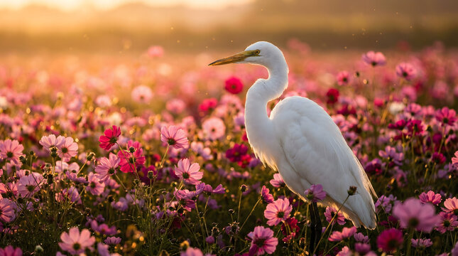Elegant white egret standing gracefully in a vibrant field of blooming pink cosmos flowers during a golden sunset in the countryside.