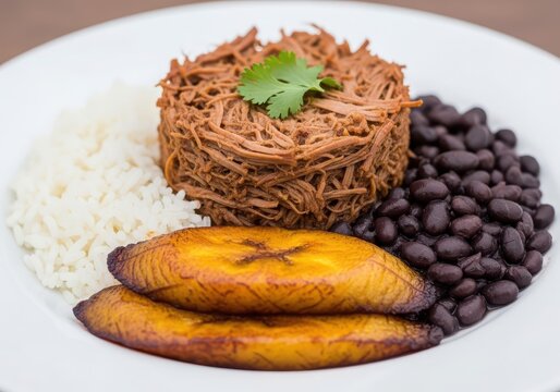 Traditional venezuelan pabellon criollo dish with shredded beef, white rice, black beans, and fried plantains