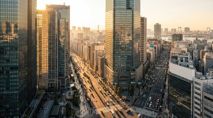 Obraz premium Modern skyscrapers reflecting golden hour sunlight along bustling urban avenue in Tokyo, Japan, showcasing futuristic architecture and city life with clear roads and traffic