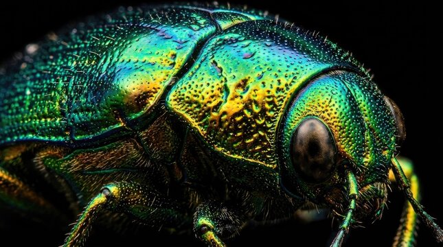 Close-up of iridescent jewel beetle with vibrant green, blue, and gold exoskeleton, intricate texture, macro photography, natural lighting, insect diversity, nature close-up