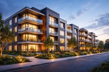 Obraz premium Modern luxury apartment building exterior at twilight with warm interior lighting