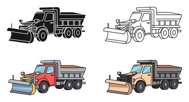 Heavy duty snowplow truck variations equipped with a front plow and rear spreader for effective winter road clearing and maintenance operations.