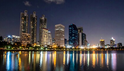 Obraz premium Nighttime Cityscape - Skyscrapers Reflecting on Calm Waters.