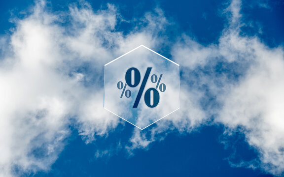 Age rating zero and percentage signs on glass hexagon against blue sky background for content classification interest rates zero emissions or financial data concepts
