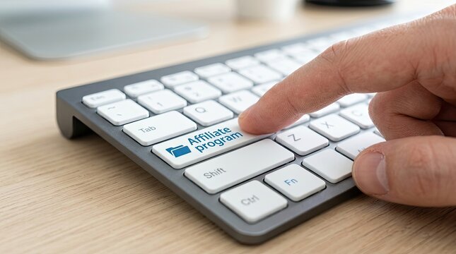Persons Finger Pressing Affiliate Program Button on a Computer Keyboard.