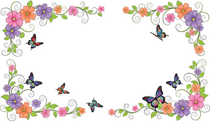 Colorful Butterfly Floral Border with Swirling Vines on White © ishfaquehussain