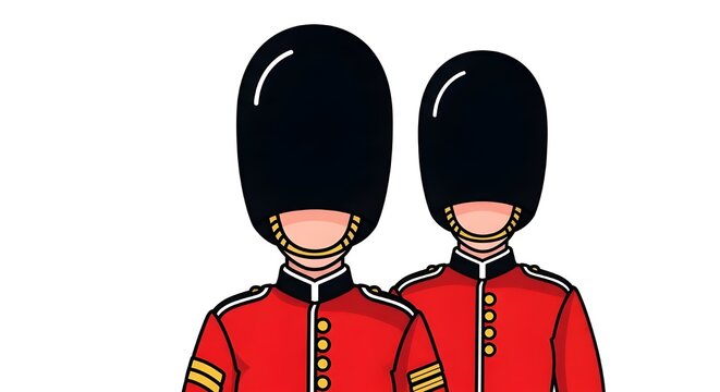 Two British Royal Guardsmen in Red Uniforms and Black Bearskin Hats Vector Illustration