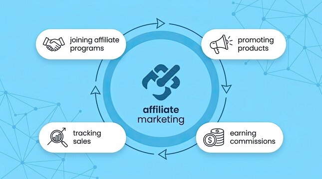 Affiliate Marketing Cycle - Joining Programs, Promoting Products, Earning Commissions, Tracking Sales.