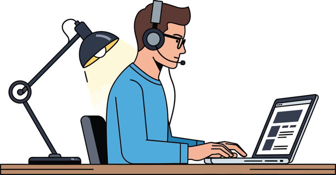 Cartoon man with headphones and microphone working on laptop at desk, remote work
