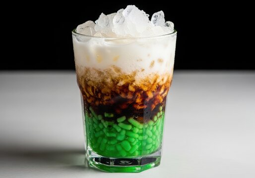 Cendol, a traditional southeast asian dessert drink made with green rice flour jelly, coconut milk, and palm sugar