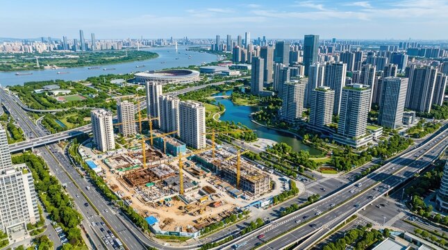 Aerial view of a modern city with skyscrapers, river, and construction sites under a clear sky.