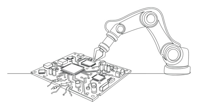 Robotic arm precisely assembling electronic components onto a circuit board in a continuous line graphic, ideal for technology, manufacturing, and automation concepts