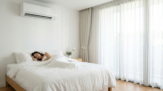 Peaceful woman sleeping in bed with air conditioner