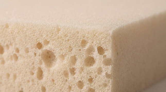 Close-up macro shot of a soft, light beige foam material, highlighting its porous texture and cellular structure