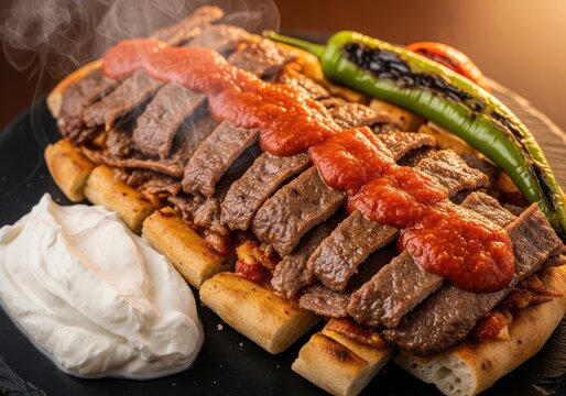 Delicious iskender kebab with sliced meat, tomato sauce, yogurt, and grilled green pepper on a black plate