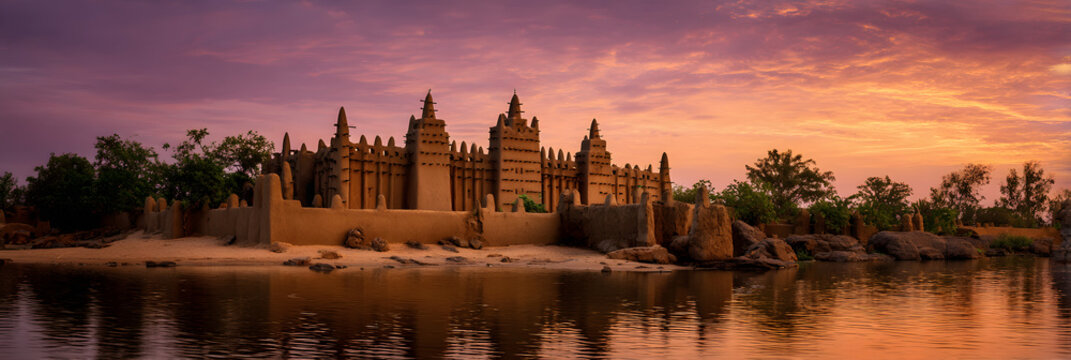 A view of a unique mud-covered palace in Djenna&eacute;, a historic city in Mali. A background illustration of a historic site in Mali.
