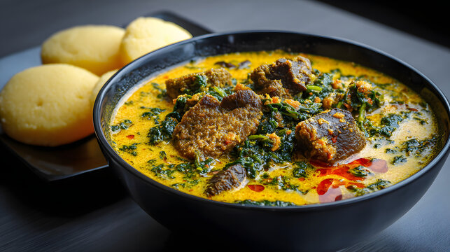 Nigerian egusi dish with soft white mashed sweet potatoes. food background illustration in nigeria.