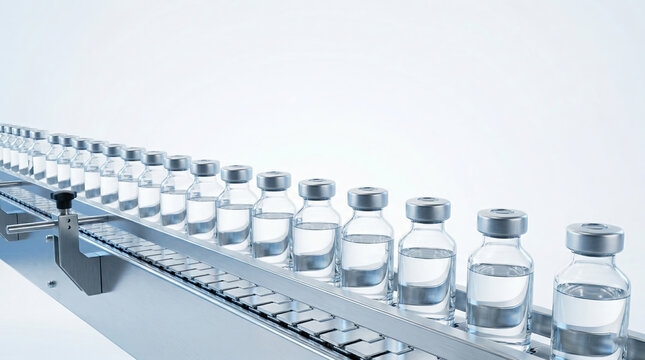 Pharmaceutical vaccine vials on production line conveyor