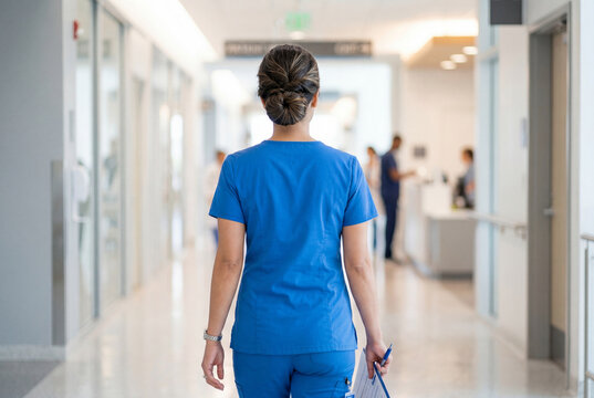 Female nurse in blue scrubs walking down a bright hospital hallway
