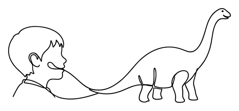Continuous line drawing of a young childs profile facing a friendly longnecked dinosaur, perfect for childrens books, educational materials, or playful graphic designs.