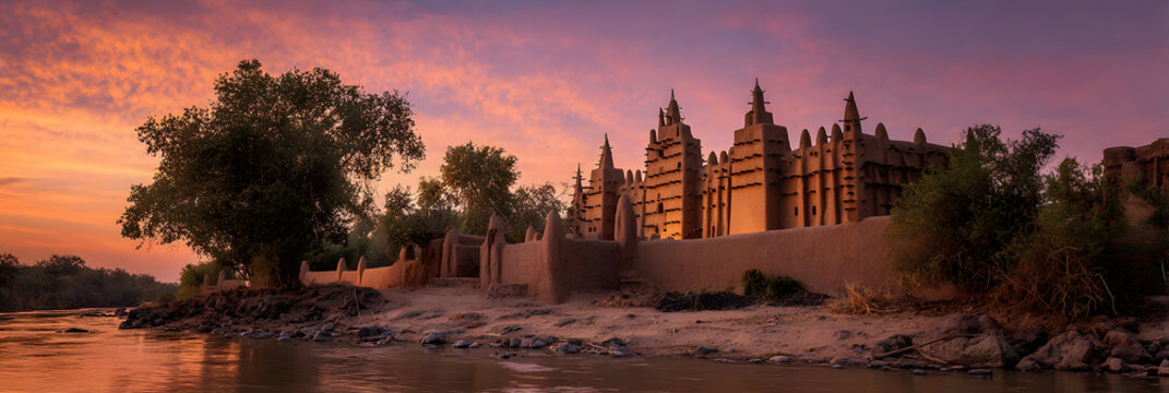 A view of a unique mud-covered palace in Djenna&eacute;, a historic city in Mali. A background illustration of a historic site in Mali.