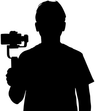 Silhouette of a Videographer Holding a Camera on a 3-Axis Gimbal Stabilizer