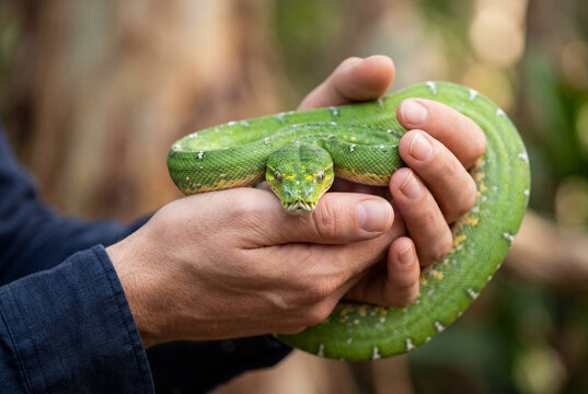 Male hands gently holding a vibrant green tree python outdoors