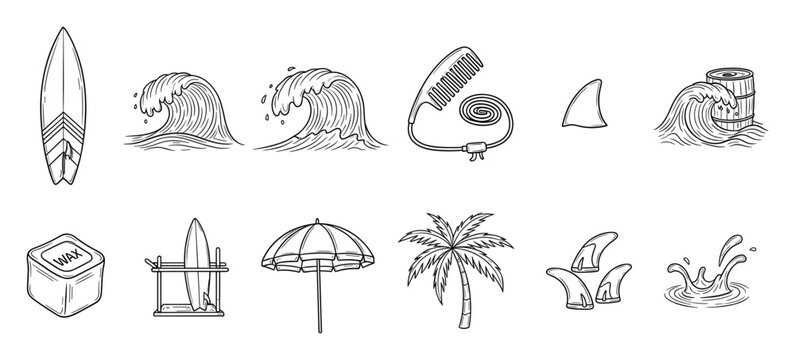 Hand drawn surfing and beach vacation essentials set includes surfboards waves shark fin and palm tree ideal for travel blogs or summer holiday event promotions
