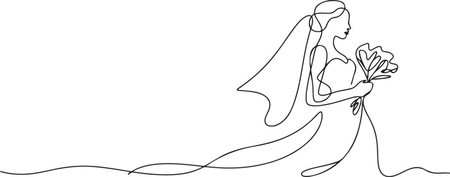 Bride holding a bouquet continuous line drawing.One line bride silhouette side view wearing a wedding dress. one line art icon drawing vector