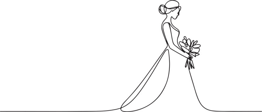 Bride holding a bouquet continuous line drawing.One line bride silhouette side view wearing a wedding dress. one line art icon drawing vector