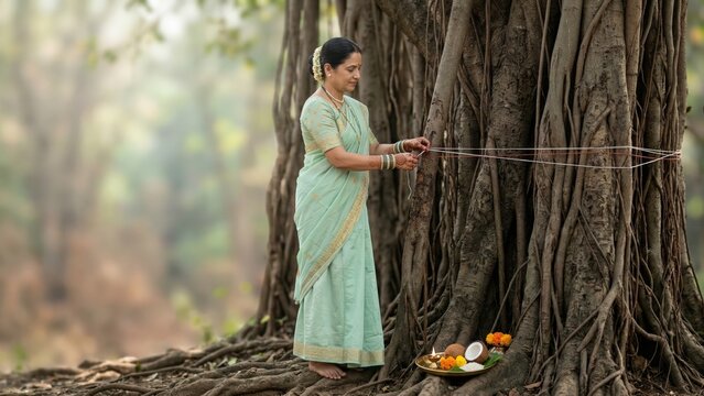 Vad Savitri Minimal Puja Woman Banyan Tree