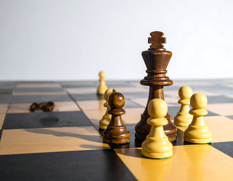 Generative AI image of a chess game with a towering king during competition surrounded by pawns