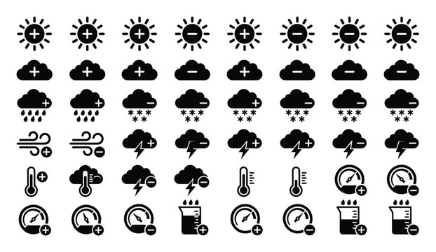 Collection of meteorological and environmental condition icons illustrating increase and decrease in various elements, perfect for forecasting applications, educational materials, and data