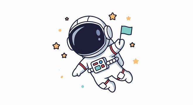 Cartoon astronaut floating in space with a small flag and stars.