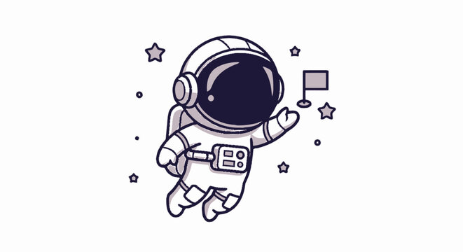 Cartoon astronaut floating in space with a small flag and stars.