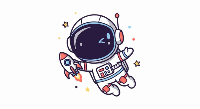 Cartoon Astronaut Floating in Space with Rocket and Stars.