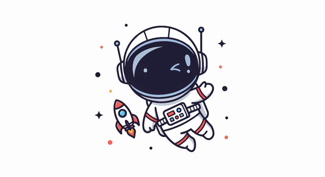 Cartoon Astronaut Floating in Space with Rocket Illustration.