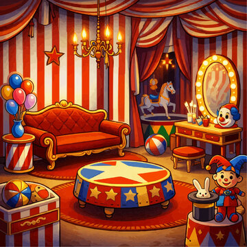 Colorful circus themed playroom interior with striped drapes vintage sofa balloons toy chest clown dolls vanity mirror and festive carnival props creating a whimsical illustrated room scene