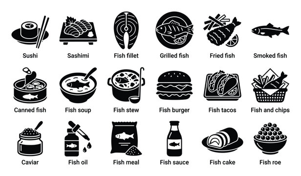 A comprehensive collection of diverse fishbased food icons and seafood products, perfect for menu designs, food industry presentations, culinary blogs, and nutritional guides