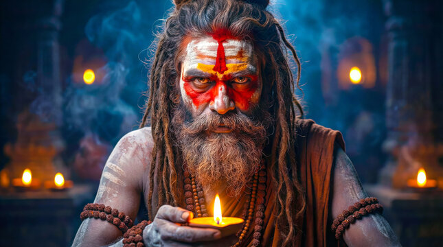 Aghori Baba Divine AI Generated Artwork, Hindu Mystic Sadhu Dark Spiritual Portrait, Rudraksha Ash Covered Ascetic, Sacred 4K Mythological Art