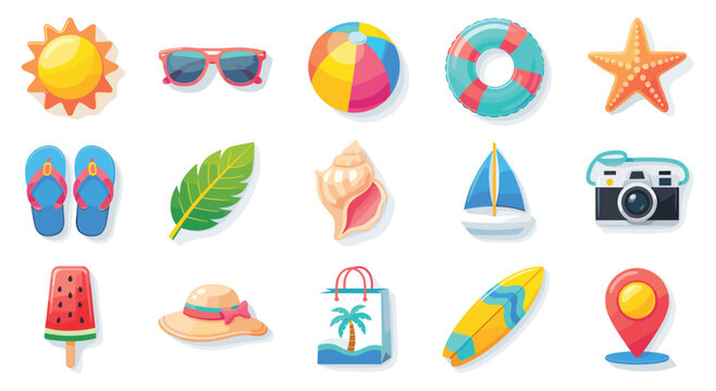 Set of colorful summer vacation elements including sun and sunglasses and beach ball and flip flops. Tropical holiday icons for travel tourism and sea resort activities in flat cartoon style.