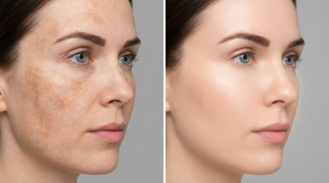 Comparison of a womans face before and after skin treatment for hyperpigmentation