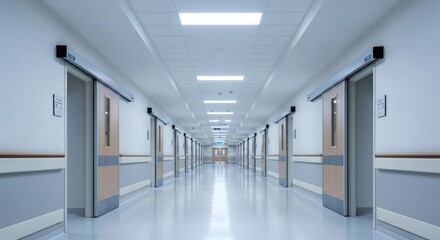 Obraz premium Clean modern hospital hallway with automatic sliding doors