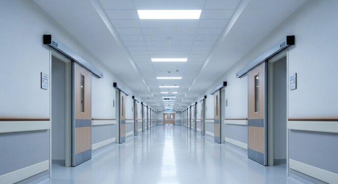 Clean modern hospital hallway with automatic sliding doors