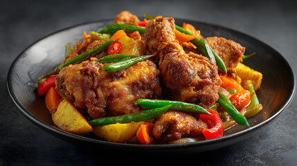 Fototapeta premium Poulet dg food dish, a popular chicken dish from Cameroon. Background illustration of food in Cameroon.