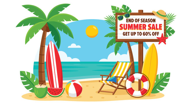 Tropical beach with bright sun and palm trees, surfboards, beach chair, beach ball, and cooling coconut drink with text summer sale, end of season. Get up to 60 percent off. Vector illustration.