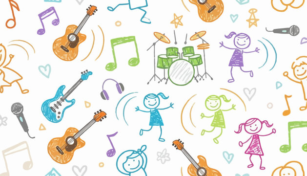 Colorful music icons and happy children dancing with guitars drums and headphones on white background