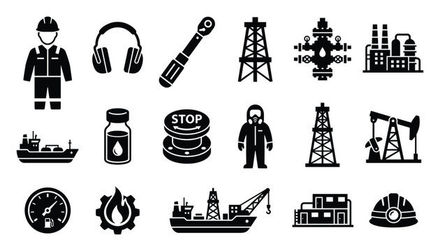 A comprehensive collection of industrial icons representing the oil and gas industry, energy production, and workplace safety equipment for various business and educational applications