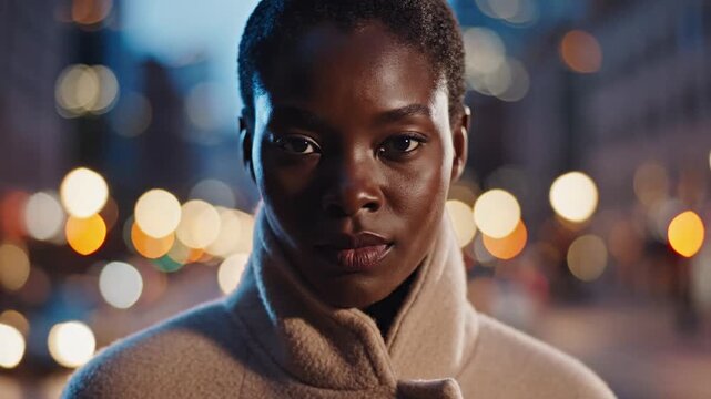 Beautiful woman in a coat, night lights, portrait shot.