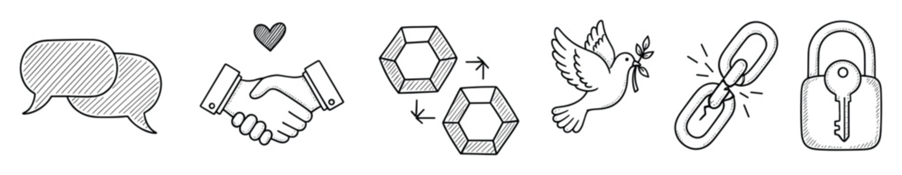 Hand drawn doodle icons representing core business and social values such as communication, agreement, exchange, peace, liberation, and security for various modern conceptual applications.